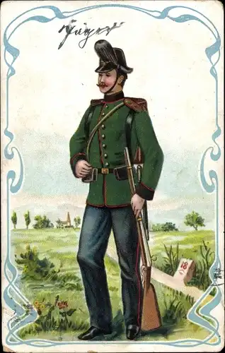Jugendstil Passepartout Ak Deutscher Soldat eines Schützen Regiments im Kaiserreich, Federbusch