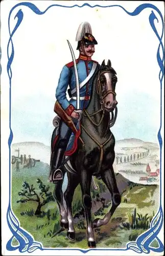 Jugendstil Passepartout Ak Deutscher Soldat im Kaiserreich, Pferd