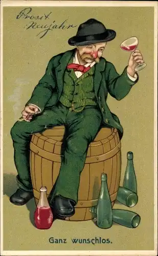 Präge Litho Glückwunsch Neujahr, Betrunkener Mann mit leeren Weinflaschen auf Weinfass sitzend