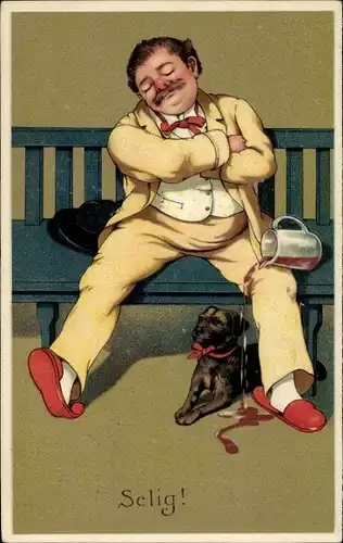 Präge Litho Betrunkener Mann, schlafend, Hund, Weinkrug