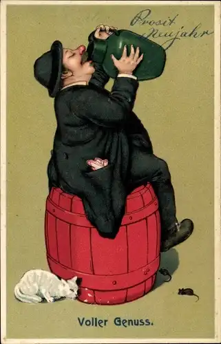 Präge Litho Glückwunsch Neujahr, Betrunkener Mann, Bierfass, Katze, Mäuse