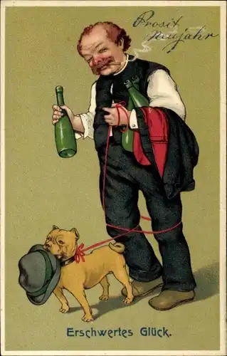 Präge Litho Glückwunsch Neujahr, Betrunkener Mann, Weinflaschen, Hund, erschwertes Glück