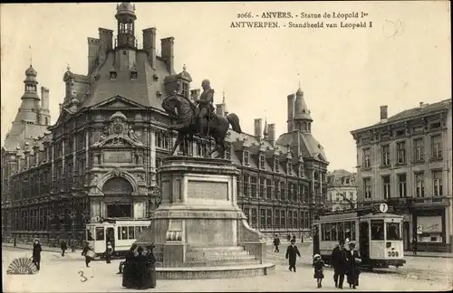 Ak Anvers Antwerpen Flandern, Denkmal Leopold I, Straßenbahn