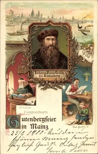 Künstler Litho Mainz am Rhein, Gutenbergfeier 1900, Johann Gensfleisch zu Gutenberg