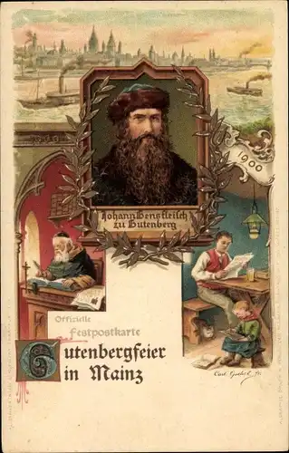 Künstler Litho Mainz am Rhein, Gutenbergfeier 1900, Johann Gensfleisch zu Gutenberg