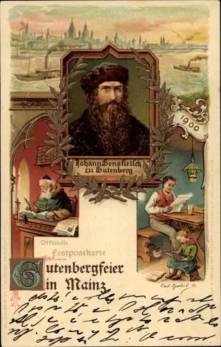 Künstler Litho Mainz am Rhein, Gutenbergfeier 1900, Johann Gensfleisch zu Gutenberg