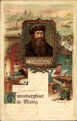 Künstler Litho Mainz am Rhein, Gutenbergfeier 1900, Johann Gensfleisch zu Gutenberg