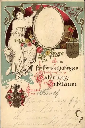 Präge Wappen Litho 500jh. Gutenberg Jubiläum 1400 - 1900