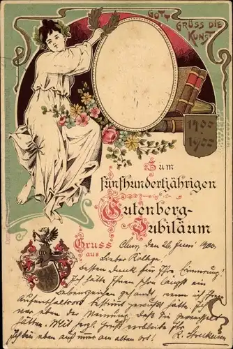Präge Wappen Litho 500jh. Gutenberg Jubiläum 1400 - 1900