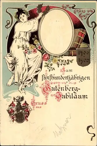 Präge Wappen Litho 500jh. Gutenberg Jubiläum 1400 - 1900