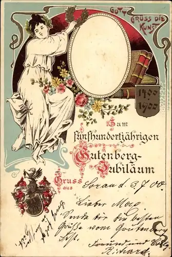 Präge Wappen Litho 500jh. Gutenberg Jubiläum 1400 - 1900
