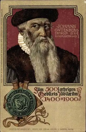 Künstler Litho Johann Gutenberg, 500jh. Geburts Jubiläum 1400 - 1900