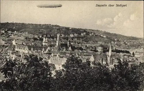 Ak Stuttgart in Württemberg, Zeppelin, Luftschiff über der Stadt