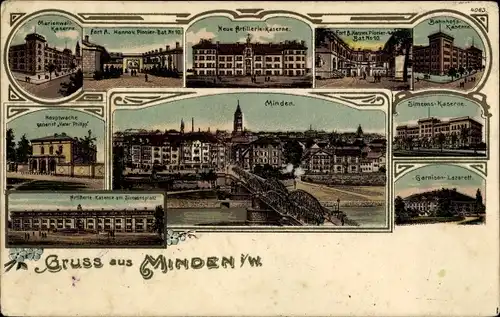 Litho Minden in Westfalen, Marienwall Kaserne, Neue Artillerie Kaserne, Hauptwache, Simeons Kaserne