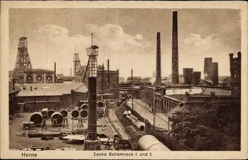 Ak Herne im Ruhrgebiet Nordrhein Westfalen, Zeche Schamrock 1 und 2, Rohre, Schornsteine
