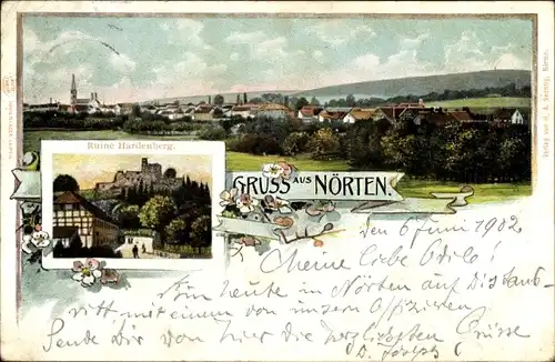 Litho Nörten Hardenberg in Niedersachsen, Gesamtansicht, Ruine Hardenberg