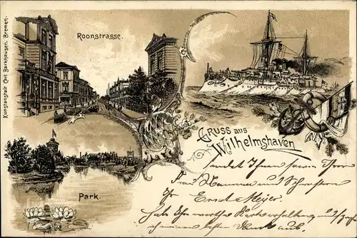 Litho Wilhelmshaven an der Nordsee, Deutsches Kriegsschiff, Roonstraße, Park