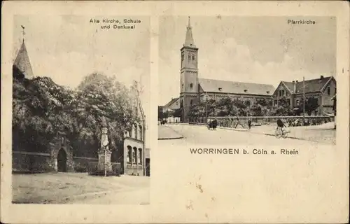 Ak Worringen Köln am Rhein, Kirche, Schule, Denkmal