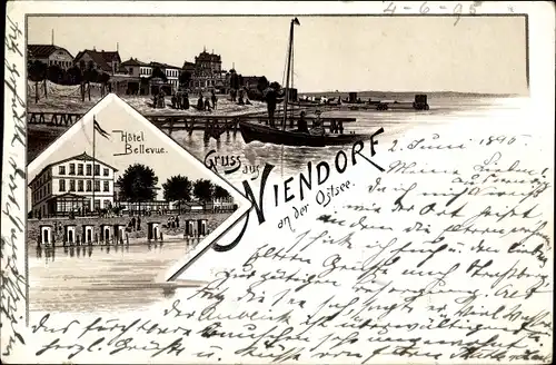 Vorläufer Litho Ostseebad Niendorf Timmendorfer Strand, Hotel Bellevue, Segelboot am Strand, 1895