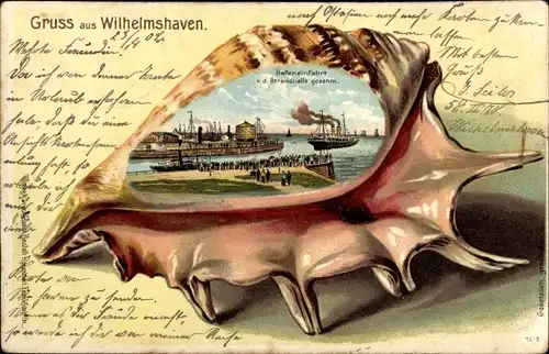 Präge Muschel Litho Wilhelmshaven in Niedersachsen, Hafeneinfahrt von der Strandhalle gesehen