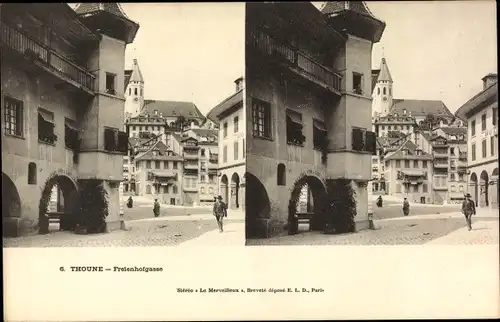 Stereo Ak Thun Kt. Bern Schweiz, Freienhofgasse, Kirche