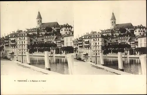 Stereo Ak Thun Thun Kanton Bern Schweiz, Kirche und Aare