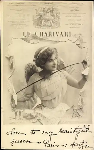 Zeitungs Ak Le Charivari, Frau als Engel mit Bogen, Amor