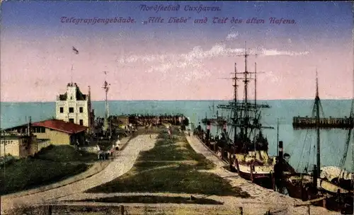 Ak Nordseebad Cuxhaven, Telegraphengebäude, Anleger Alte Liebe, Segelschiffe