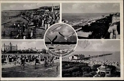 Ak Ostseebad Zinnowitz auf Usedom, Strand, Möwen, Seebrücke