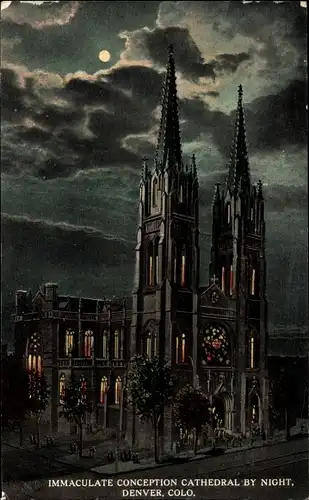 Ak Denver Colorado USA, Kathedrale der Unbefleckten Empfängnis, Nacht