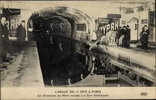 Ak Paris VIII, Der Sturm vom 15. Juni, Überflutete U-Bahnen, Gare Saint Lazare