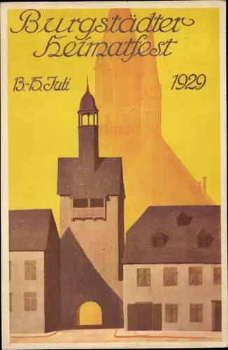 Künstler Ak Burgstädt in Sachsen, Heimatfest Juli 1929, Kirche, Torturm