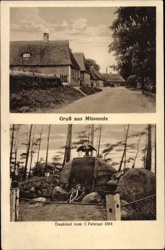 Ak Missunde an der Schlei Kosel Schwansen, Straßenpartie, Denkmal 2. Februar 1864