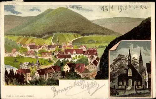 Künstler Litho Gatternicht, A., Bad Herrenalb im Schwarzwald, Panorama von der Ortschaft, Kirche