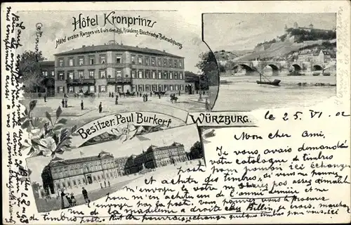 Ak Würzburg am Main Unterfranken, Hotel Kronprinz, Inh. Paul Burkert, Schloss, Brücke
