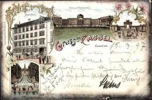 Litho Kassel in Hessen, Auetor, Schloss Wilhelmshöhe, Hotel Maus, Herkules