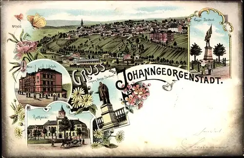 Litho Johanngeorgenstadt im Erzgebirge Sachsen, Kriegerdenkmal, Hotel Ratskeller, Schule, Rathaus