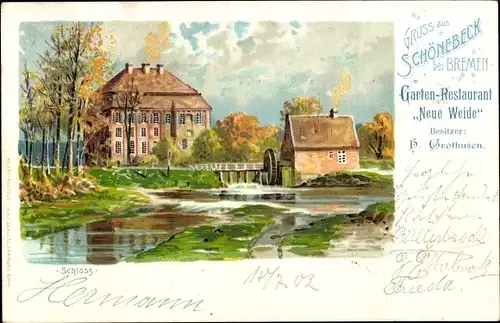 Künstler Litho Schönebeck Vegesack Bremen, Schloss, Gasthaus Neue Weide, Wassermühle
