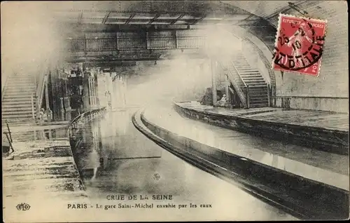 Ak Paris V, Gare Saint Michel, Hochwasser