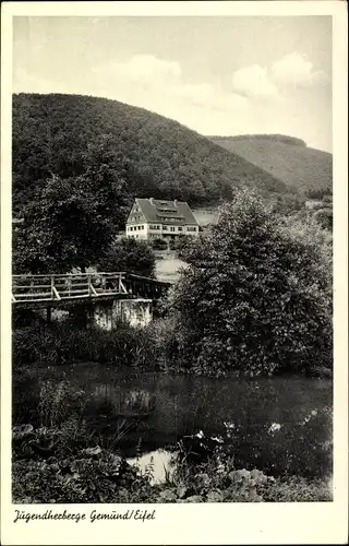 Ak Gemünd Schleiden in der Eifel, Jugendherberge, Fluss, Holzbrücke