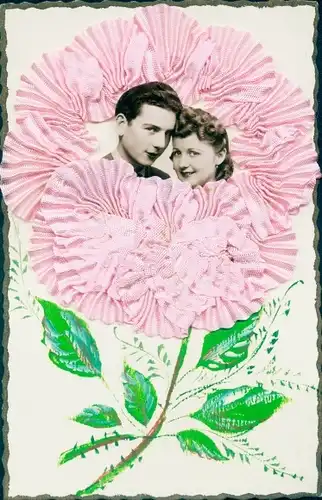 Stoff Ak Liebespaar, Pinke Blume, Kitsch