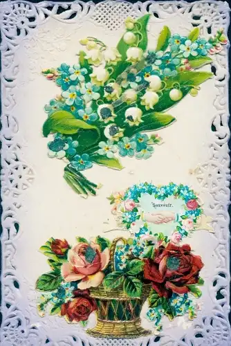 Präge Ak Blumenkorb, Blumenstrauß, Rosen, Maiglöckchen, Vergissmeinnicht