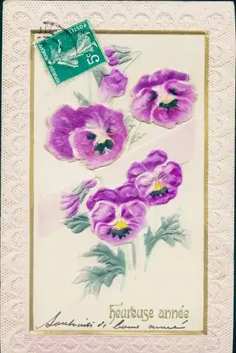 Passepartout Stoff Ak Glückwunsch Neujahr, Stiefmütterchen