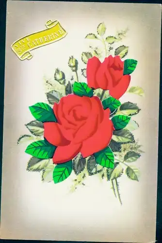 Glitzer Ak Blühende Rosen, Sainte Catherine