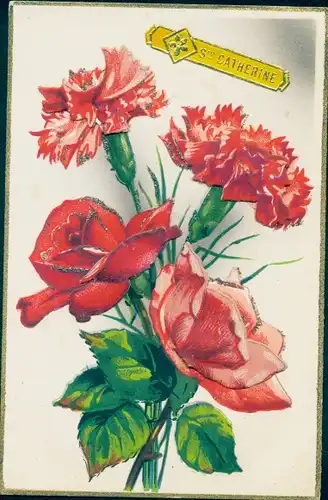 Glitzer Ak Blühende Rosen, Sainte Catherine, Blumenstrauß