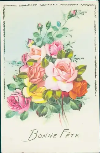 Glitzer Ak Glückwunsch, Blühende Rosen, Blumenstrauß