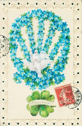 Präge Ak Souvenir, Glücksklee, Tauben, Vergissmeinnicht