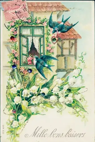Präge Glitzer Ak Schwalben liefern Rosen, Maiglöckchen