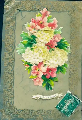 Passepartout Zelluloid Ak Blumenstrauß, Glückwunsch