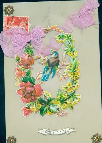 Zelluloid Ak Blumenkranz, Rose, Vogel, Stoffschleifen